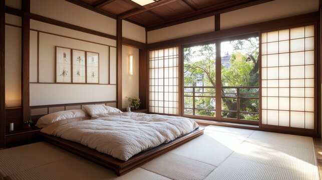 Serene japanese style bedroom featuring natural light and calming aesthetic