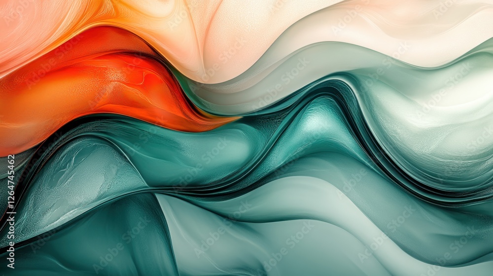 Poster luminous flowing shapes. bright gradients in mint frost and ember red. evolving curves merging into 