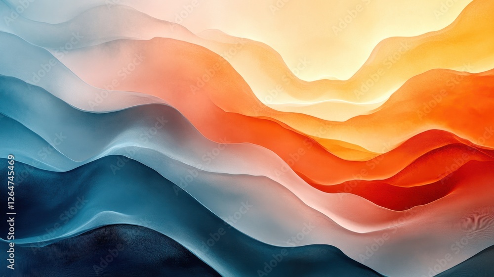 Poster luminous flowing shapes. bright gradients in indigo mist and terra cotta. pulsing curves merging int