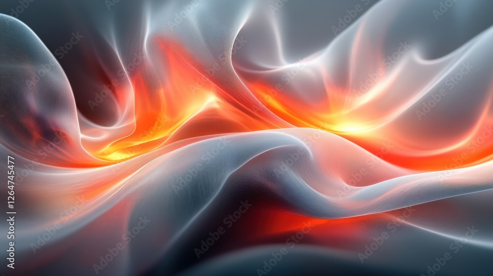 Poster luminous flowing shapes. bright gradients in mint frost and ember red. evolving curves merging into 