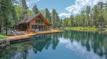 Fototapeta premium Tranquil lakeside cabin surrounded by lush trees and reflective water, ideal for relaxation