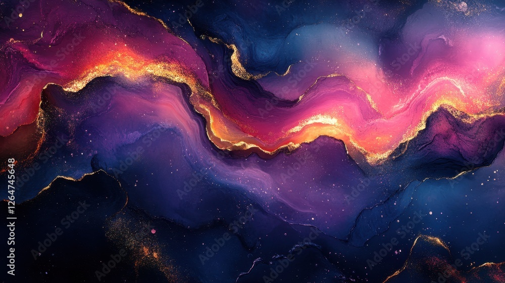 Poster luminous flowing shapes. bright gradients in cobalt violet and sand gold. dreamy curves merging into