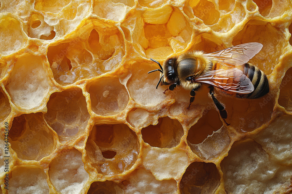 Poster close-up view of a bee collecting nectar from a honeycomb in a natural setting