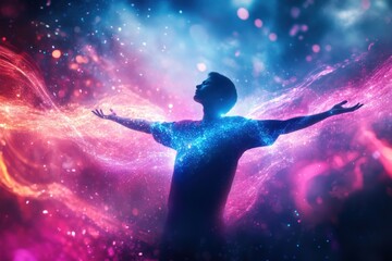 Naklejka premium Young male embracing cosmic energy with vivid abstract galaxy background