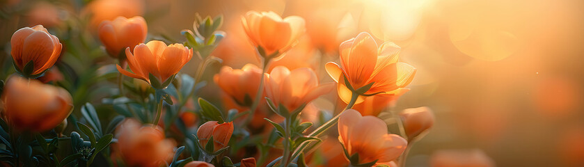 Obraz premium Blooming orange flowers in warm sunlight.