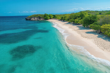 Obraz premium Serene tropical beach with clear turquoise water and lush greenery in midday sun