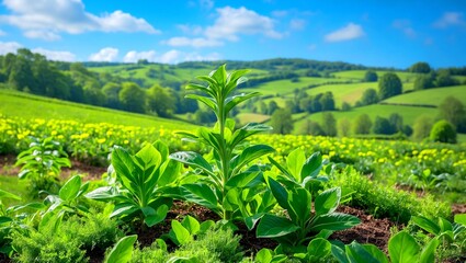 Vibrant green plant thriving in lush countryside