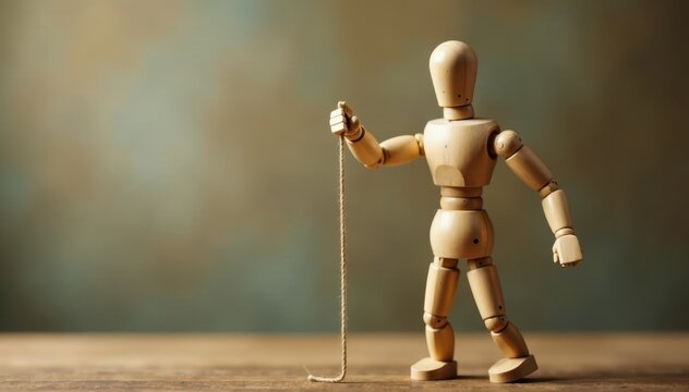 Wooden puppet resists string pull, defiant pose, craft, artwork
