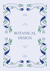 Decorative botanical frame with blue curved ribbon and green leaves. Elegant, minimal floral ornament. Suitable for wedding invitations, anniversary greeting cards, menus, flyers, posters, and