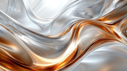 A silver and gold wave with a shiny, reflective surface. The wave is almost like a liquid, and it seems to be flowing or moving. The colors are bright and eye-catching
