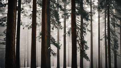 morning situation in the forest with fog between high trees