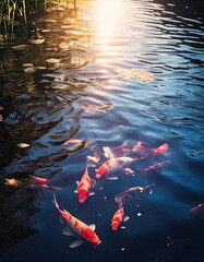 Tranquil Pond with Vibrant Koi Fish Swimming Under the Warm Glow of Sunlight

