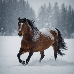 A Mustang stallion staring fiercely ahead, framed by pure white snow.