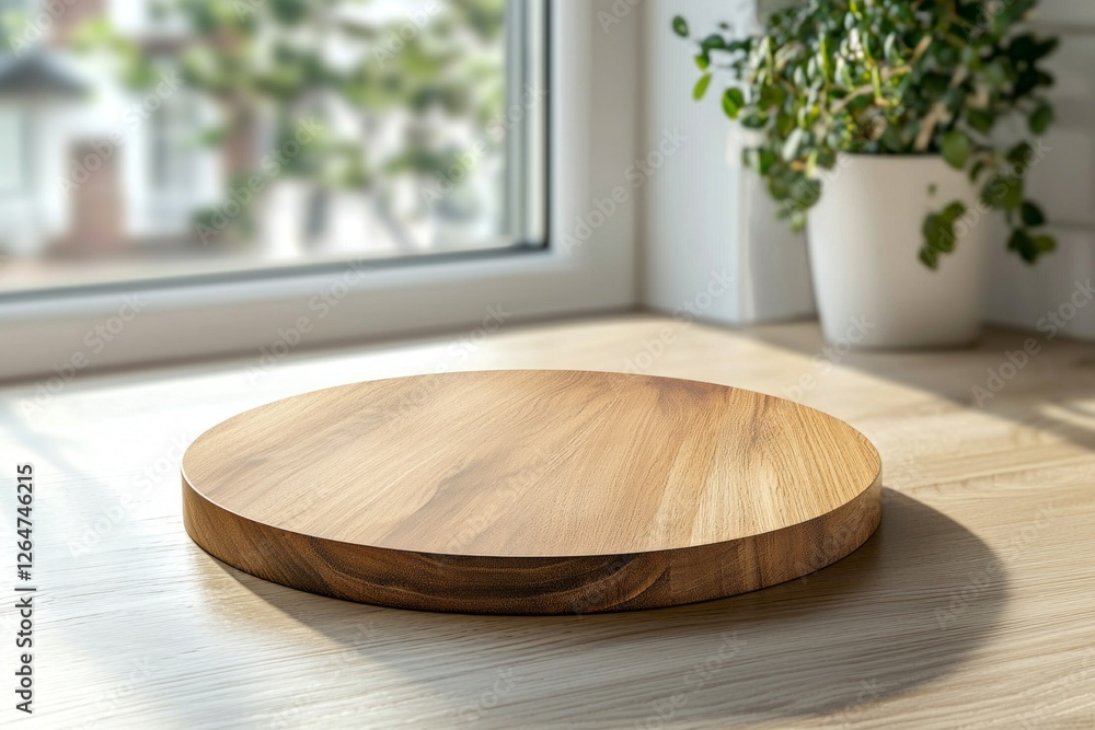 Poster sunlight filters through a window, illuminating a beautifully crafted round wooden tabletop. a lush 