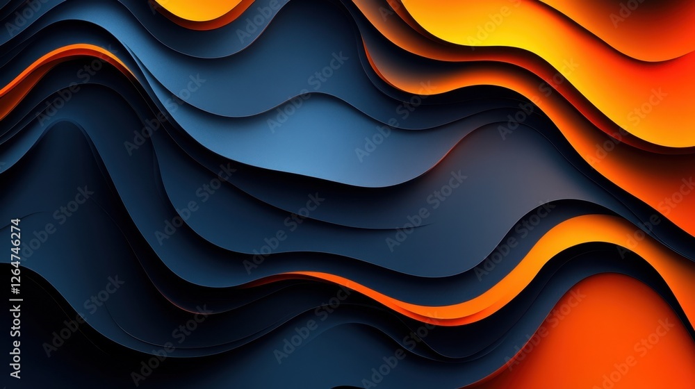 Poster luminous flowing shapes. bright gradients in slate and fire orange. diffusing curves merging into ab