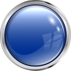 A volumetric button in blue with a convex glass effect, in a silver or metal frame. EPS file