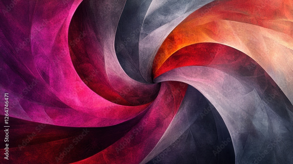 Poster luminous flowing shapes. bright gradients in ash gray and neon magenta. intertwining curves merging 