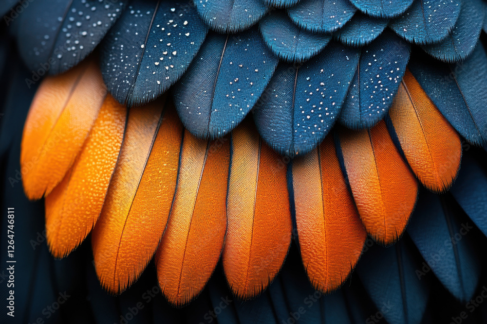 Poster vibrant feathers showcasing intricate textures and colors in a close-up view of a tropical bird's pl