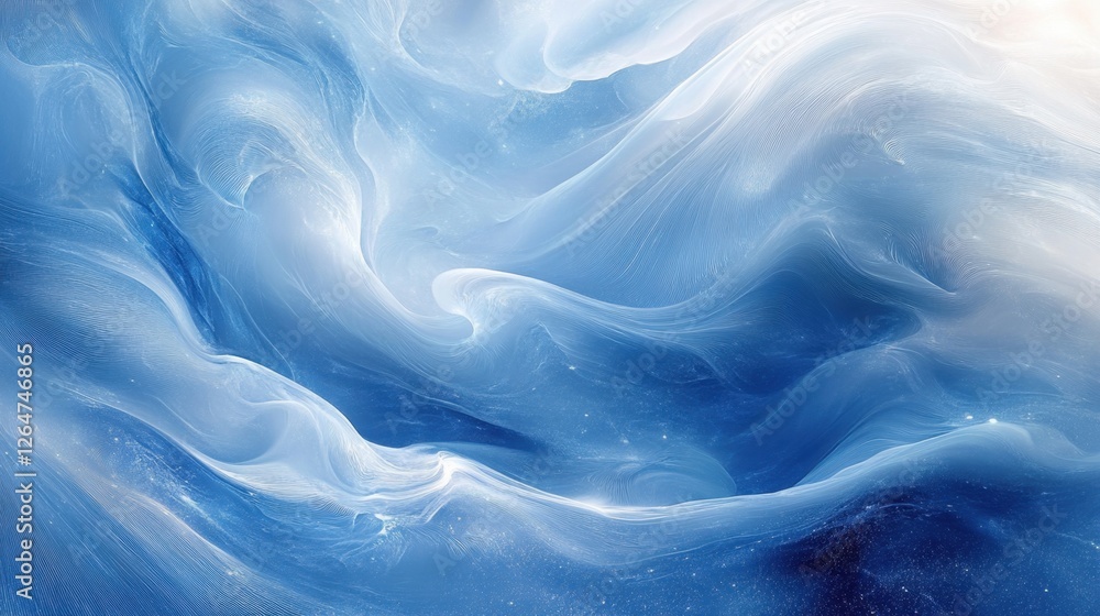 Poster luminous flowing shapes. bright gradients in silver mist and cosmic blue. evolving curves merging in