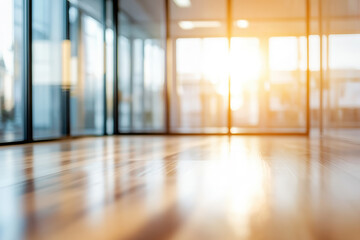 Warm sunlight streaming into a modern office space with glass walls and wooden floor creating a serene atmosphere