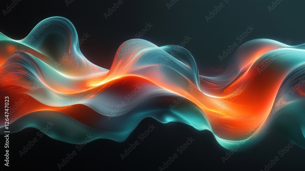 Poster luminous flowing shapes. bright gradients in jade and fiery red. melting curves merging into abstrac