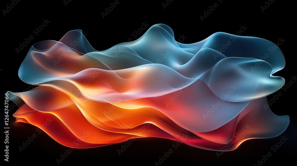 Poster luminous flowing shapes. bright gradients in jade and fiery red. melting curves merging into abstrac