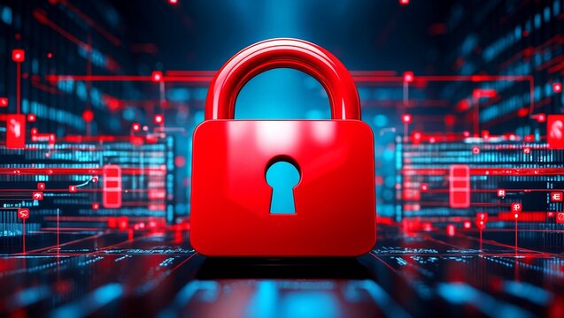 Vibrant red padlock representing digital encryption security - Powered by Adobe