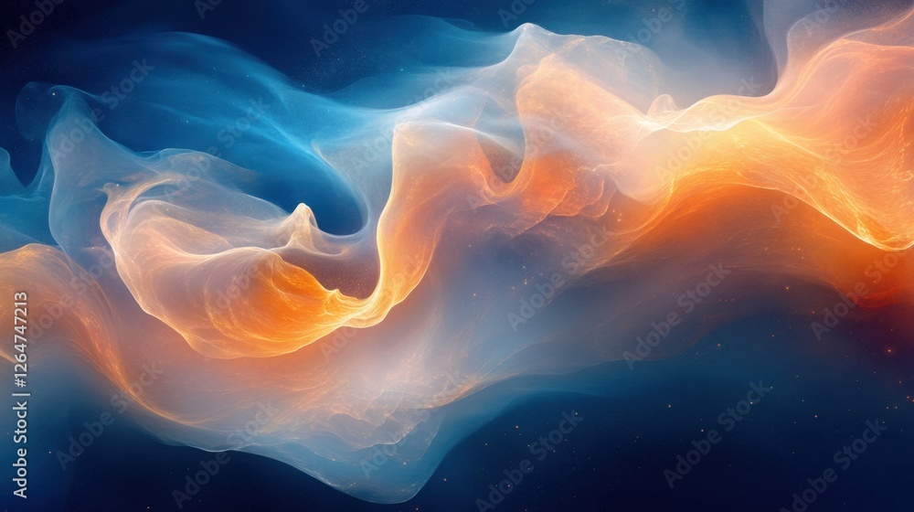 Poster luminous flowing shapes. bright gradients in tangerine and midnight blue. glowing curves merging int