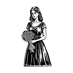 A bridesmaid holding flower bouquet, vintage character illustration