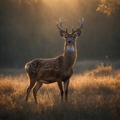 A deer standing under soft morning light against a seamless background.