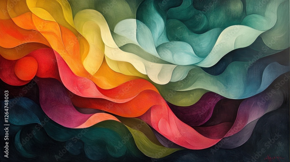 Poster luminous flowing shapes. bright gradients in seafoam green and ruby. mesmerizing curves merging into