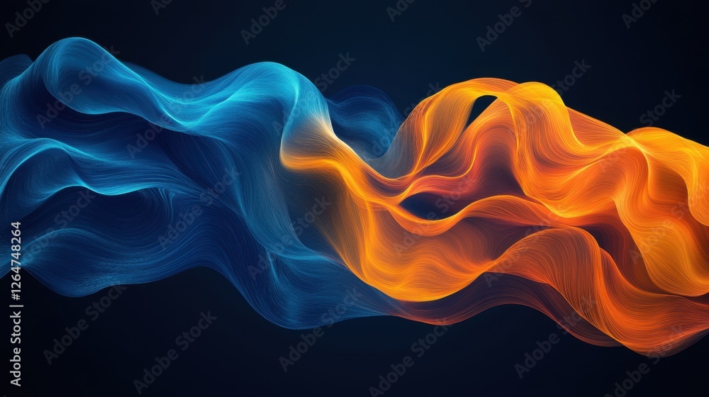 Poster luminous flowing shapes. bright gradients in mustard yellow and indigo. pulsing curves merging into 