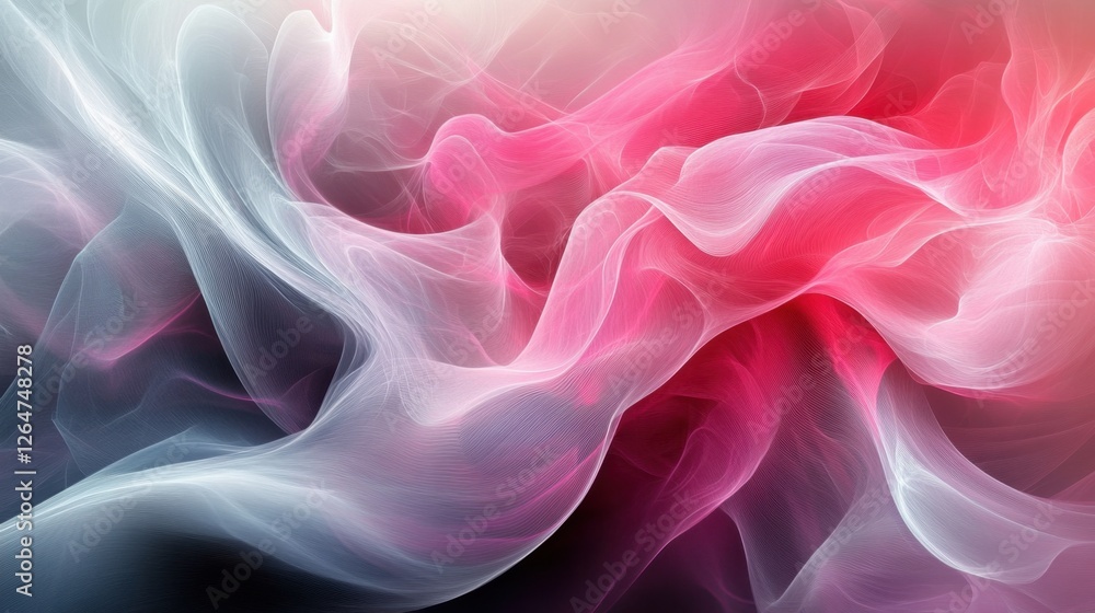Poster luminous flowing shapes. bright gradients in graphite and pastel pink. diffusing curves merging into