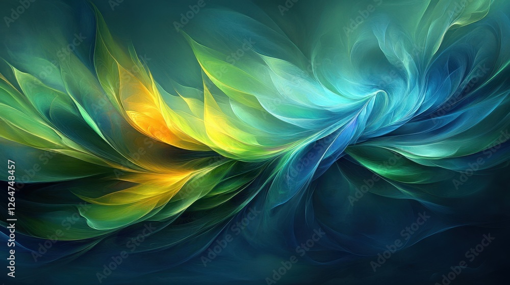 Poster luminous flowing shapes. bright gradients in olive green and neon blue. cascading curves merging int