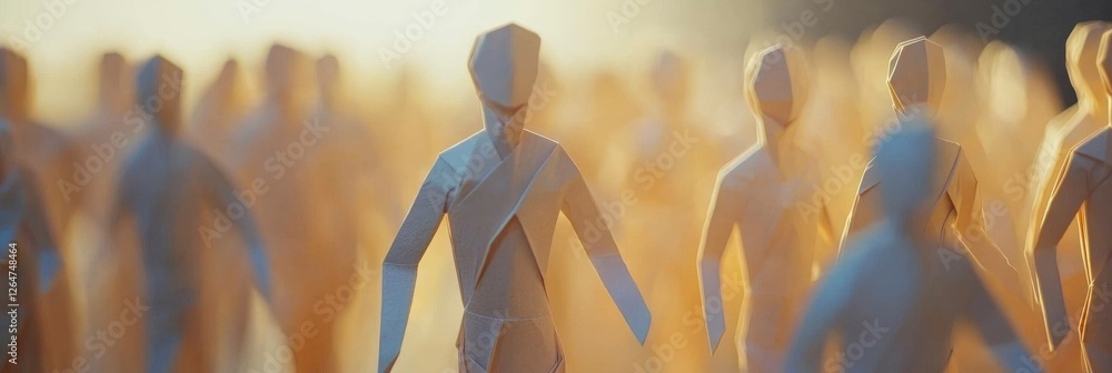 Poster a serene depiction of softly lit paper figures enveloped in a warm golden glow, capturing a moment o