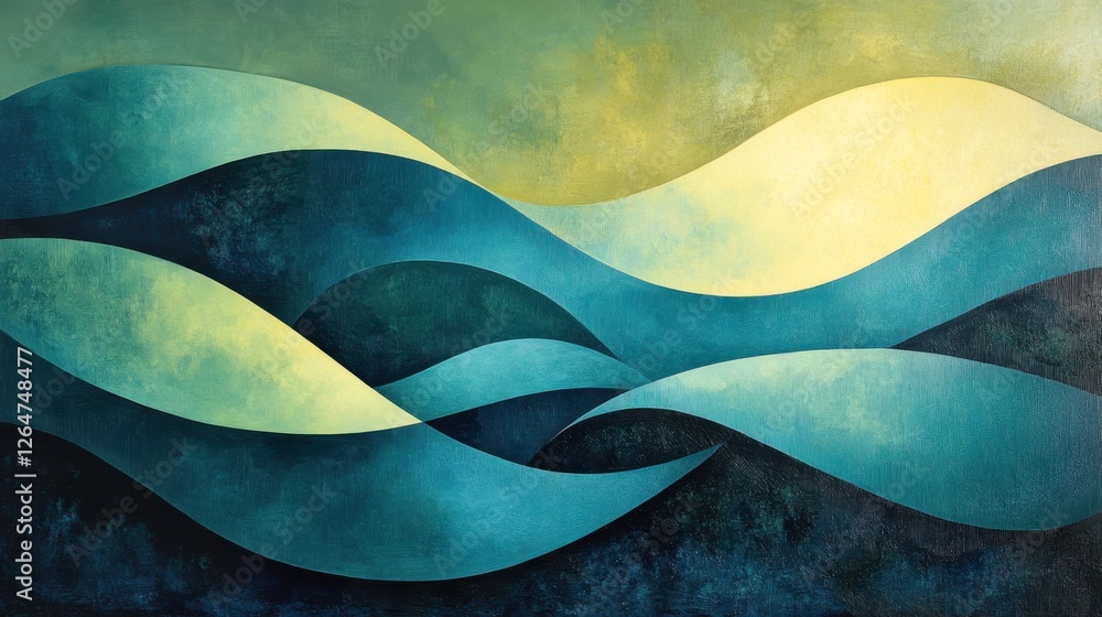 Poster luminous flowing shapes. bright gradients in olive green and neon blue. cascading curves merging int