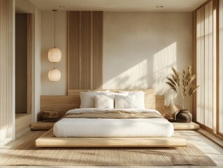 Serene minimalist bedroom features neutral tones and natural elements