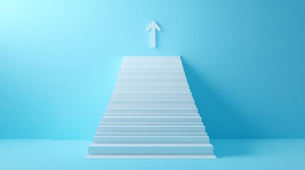 Minimalist image of a white staircase leading upwards against a blue background, with an arrow pointing up at the top