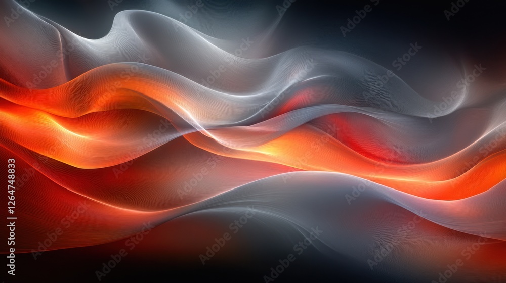 Poster luminous flowing shapes. bright gradients in cloud gray and fire red. diffusing curves merging into 