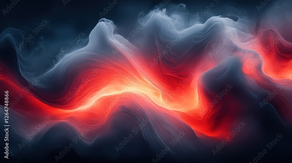 Poster luminous flowing shapes. bright gradients in cloud gray and fire red. diffusing curves merging into 