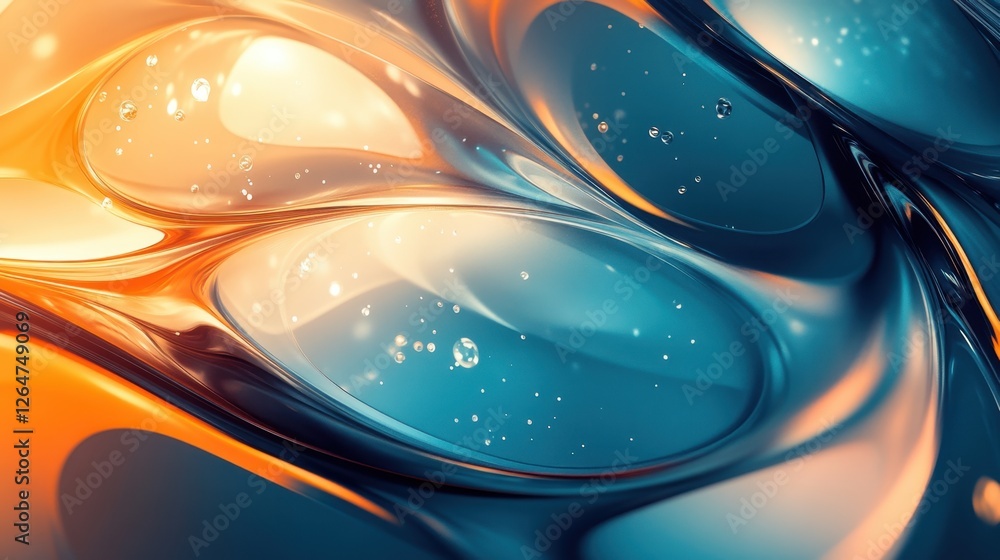 Poster luminous flowing shapes. bright gradients in warm taupe and electric cyan. enveloping curves merging
