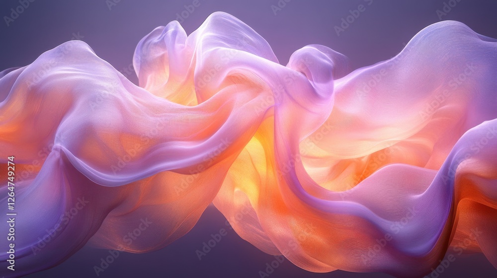 Poster luminous flowing shapes. bright gradients in lavender mist and goldenrod. serpentine curves merging 