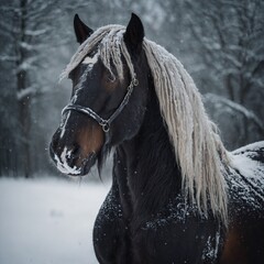 A snowy-coated Friesian horse standing in a blank winter setting.