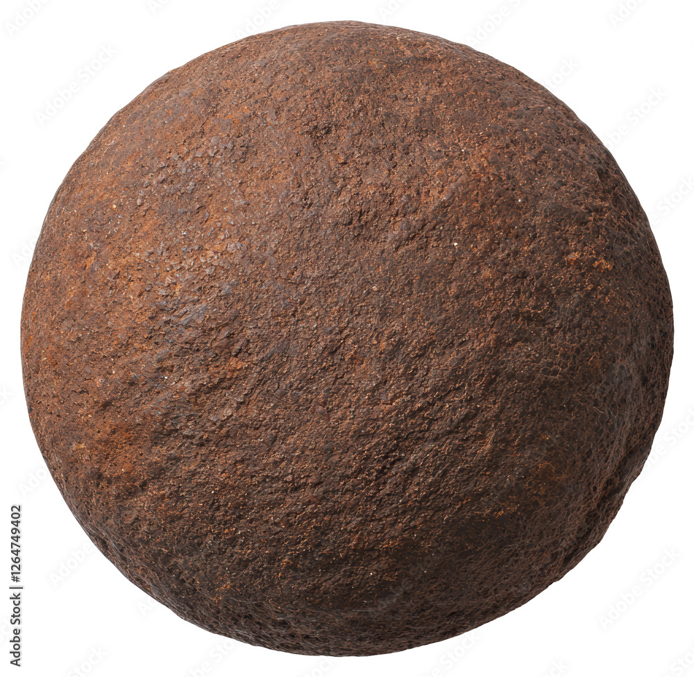 Poster oxidized metal sphere with rusted texture displayed on transparent background