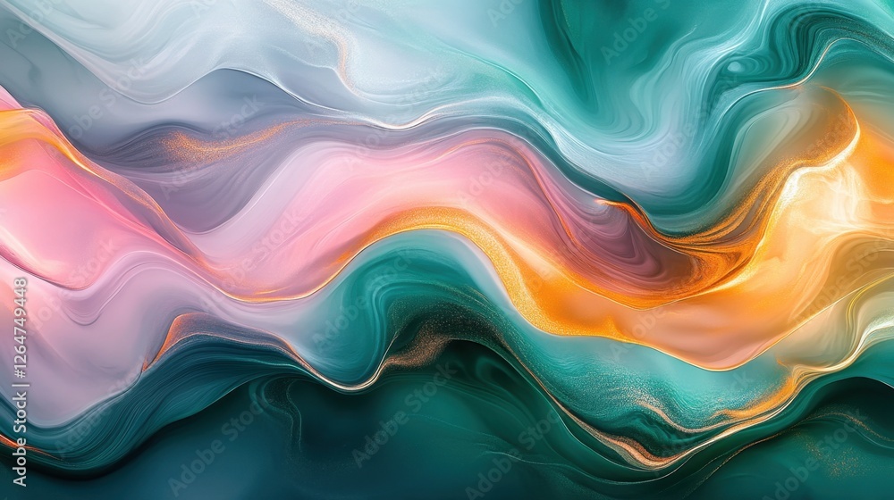 Poster luminous flowing shapes. bright gradients in dusty rose and emerald green. pulsating curves merging 
