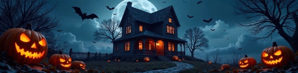 Haunted house, spooky jack-o'-lanterns, bats, spiderwebs, Halloween night , illustration, haunted house