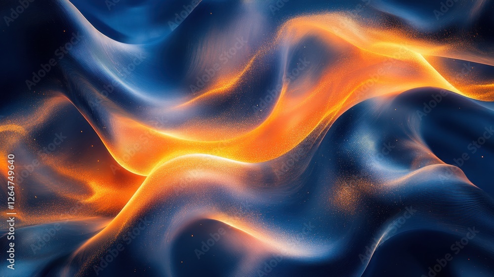 Poster luminous flowing shapes. bright gradients in deep indigo and champagne gold. meandering curves mergi