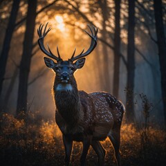 A silhouette of a deer standing against a glowing, ethereal background.