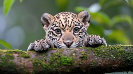 Fototapeta premium Jaguar cub peering from mossy branch, rainforest background, wildlife photography