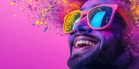 Joyful man with sunglasses celebrating Holi festival with colorful powders on vibrant pink background